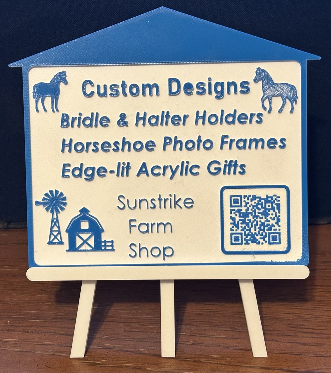 Sunstrike Farm Shop sign listing Custom Designs: Bridle & Halter Holders, Horseshoe Photo Frames, Edge-lit Acrylic Gifts